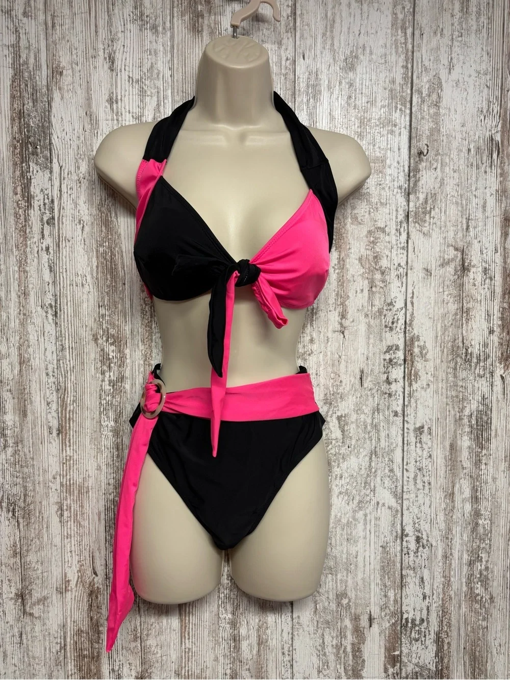 Black & Hot Pink Wrap Halter Bikini Set